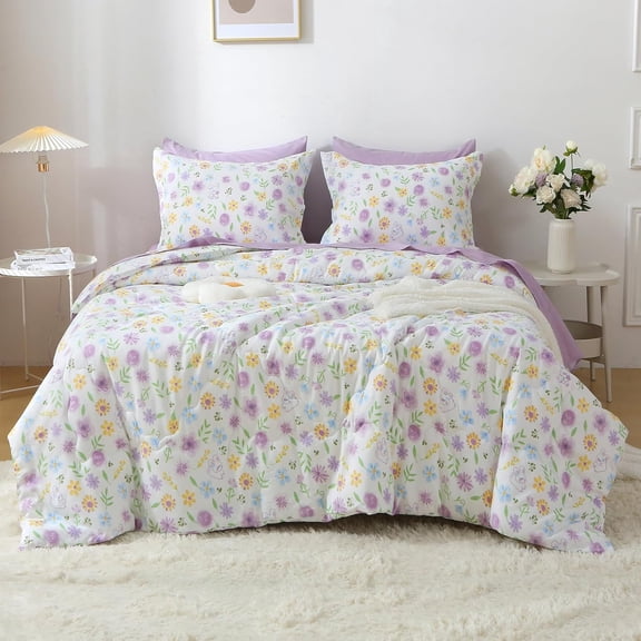 Floral Comforter Set Bed in A Bag Twin Size 7 Piece  Flower Green Leaves Rabbits Bedding Set for Girls
