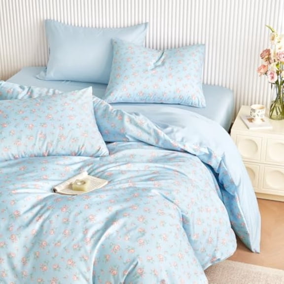 - Floral Comforter Set Coquette Cottagecore Aesthetic Flower Shabby Chic Pattern for Women Teen Girls Soft Lightweight Bedding 3 Pieces Blue Pink Full Size
