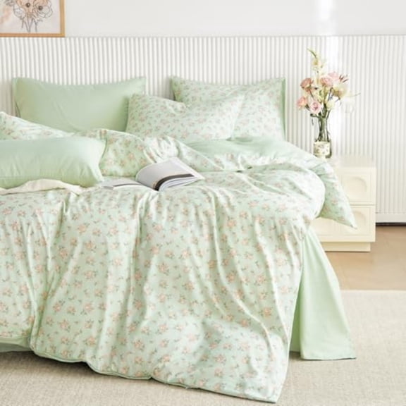 - Floral Comforter Set Coquette Cottagecore Aesthetic Flower Shabby Chic Pattern for Women Teen Girls Soft Lightweight Bedding 3 Pieces Green Pink Full Size