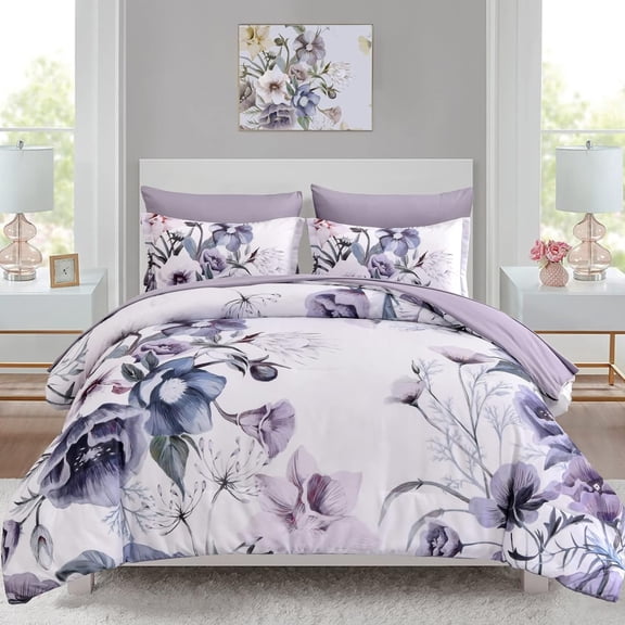 Floral Comforter Set King Size 7 Piece Purple 104 x 90 Inches