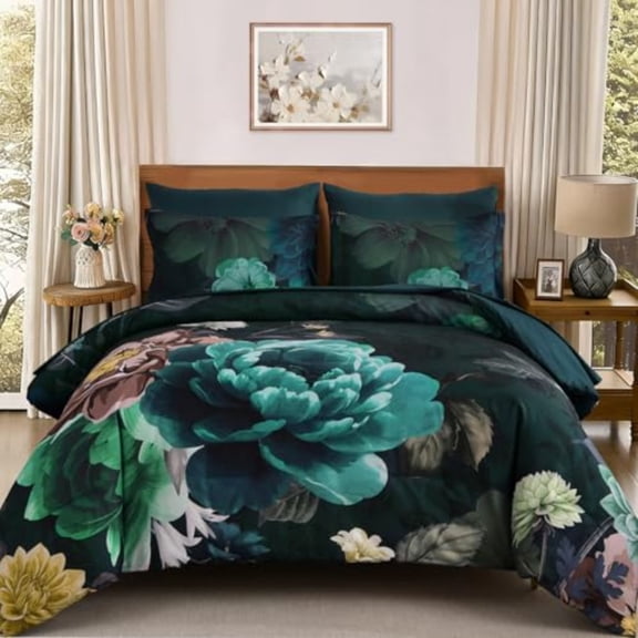 Floral Comforter Set King Size 7 Pieces Teal Bed in a Bag Comforter Bedding Set Soft Microfiber for All Season with Pillowcases Shams Sheets 90104