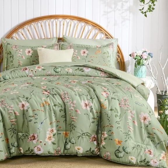 Floral Comforter Set King SizeSage Green Botanical Bedding Comforter Sets 7 Pieces Bed in a Bag Lightweight Microfiber Comforter Set with Sheets Pillowcases and Shams for All Seasons