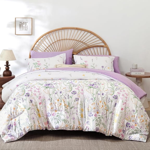 Floral Comforter Set Queen Size, 7 Piece Cute Flower Comforters Bed in a Bag Lavender, Soft Microfiber Complete Aesthetic Botanical Bedding Set with Sheets for Women Girls