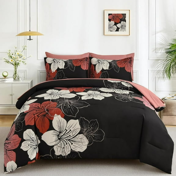 Floral Comforter Set Queen Size, 7 Pieces Bed in a Bag Red Floral Comforter and Sheet Set, Soft Microfiber Complete Bedding Sets for All Seasons