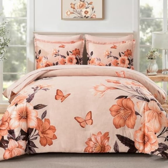 Floral Comforter Set Queen Size7 Piece Orange Bed in a Bag Elegant Flower Pattern Comforter Set with Sheet Soft Microfiber Complete Bedding Sets for All Season