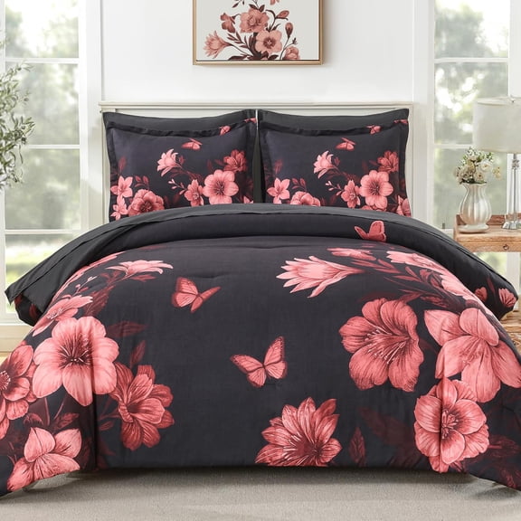 Floral Comforter Set  Size, 7 count Black Bed in a Bag, Elegant Flower  Comforter Set with Sheet, Soft Microfiber Complete Bedding Sets for  Season