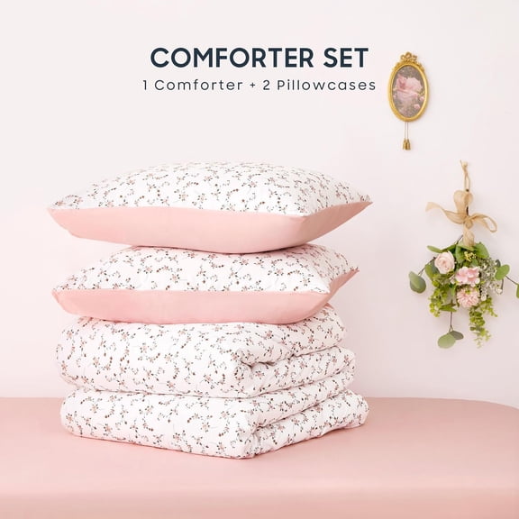 Floral Comforter Set Twin/Twin XL Pink Cottagecore Aesthetic Soft Lightweight Bedding for Girls