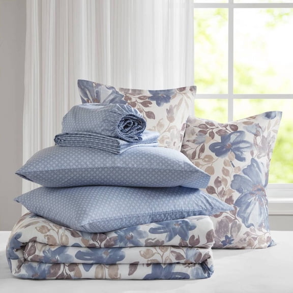 Floral Comforter Set with Bed Sheets Blue King