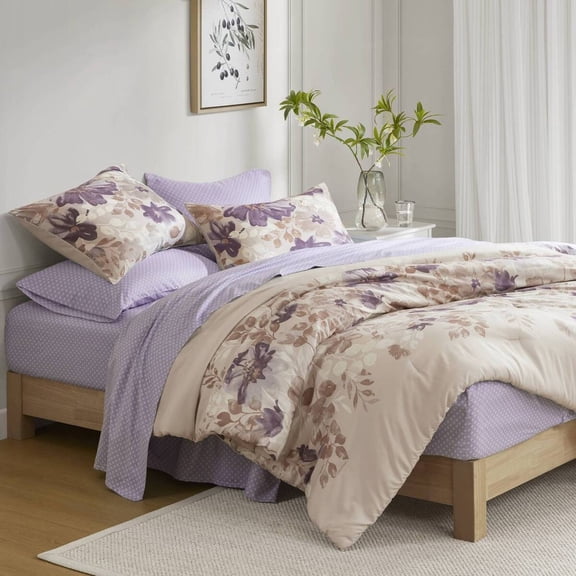 Floral Comforter Set with Bed Sheets Taupe King