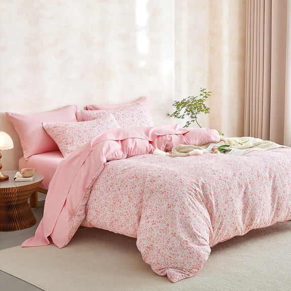 Floral Comforter Set with Sheets, Cute Vintage Flower Cottagecore Aesthetic for Women Teen Girls, 7 Pieces Bed in a Bag, Pink, Queen Size