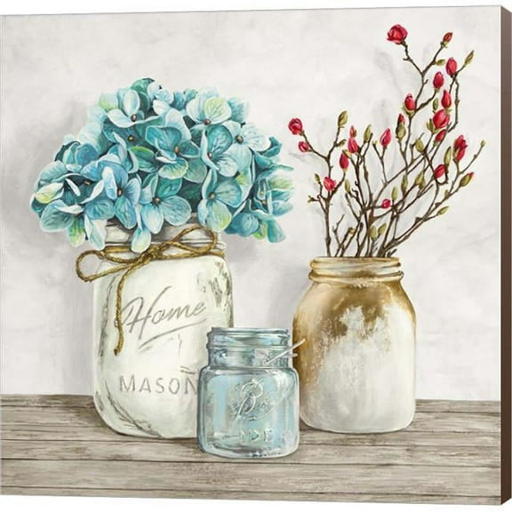 Floral Composition with Mason Jar I 12.00" x 1.50" Painting Canvas Art Print, by Metaverse