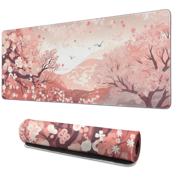 Floral Computer Mouse Mat,Japanese Cherry Blossom Sakura Tree Branch Soft Pastel Watercolor Mouse Pad with Rectangle Non-Slip Rubber Mousepad Large, Office Mouse Pad for Women Men Kid 31.5x11.8in