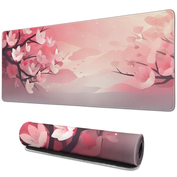 Floral Computer Mouse Mat,Japanese Cherry Blossom Sakura Tree Branch Soft Pastel Watercolor Mouse Pad with Rectangle Non-Slip Rubber Mousepad Large, Office Mouse Pad for Women Men Kid 31.5x11.8in