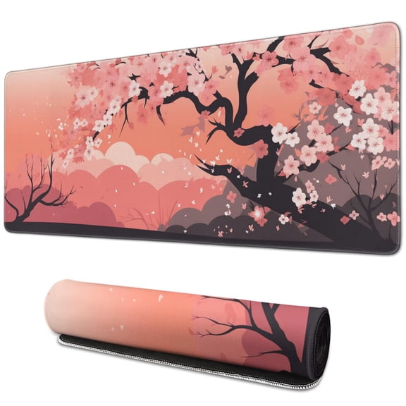 Floral Computer Mouse Mat,Japanese Cherry Blossom Sakura Tree Branch Soft Pastel Watercolor Mouse Pad with Rectangle Non-Slip Rubber Mousepad Large, Office Mouse Pad for Women Men Kid 31.5x11.8in