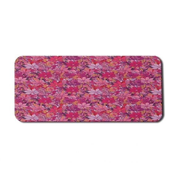 Floral Computer Mouse Pad, Motley Colorful Retro Arrangement of Hand Drawn Flowers in Vivid Tones, Rectangle Non-Slip Rubber Mousepad X-Large, 35" x 15", Magenta Plum and Apricot, by Ambesonne