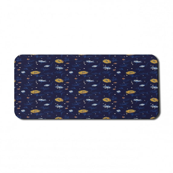 Floral Computer Mouse Pad, Repetitive Style Illustration of Dark Tone Blooming Elements Botanical Buds, Rectangle Non-Slip Rubber Mousepad X-Large, 35" x 15", Indigo and Mustard, by Ambesonne