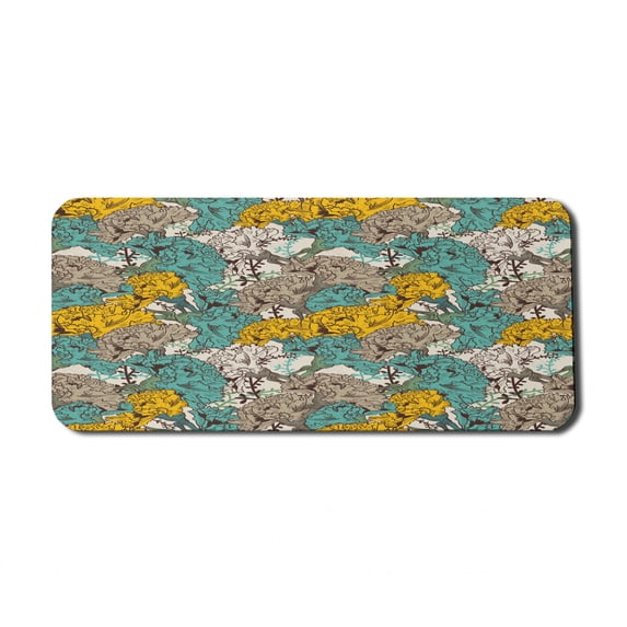 Floral Computer Mouse Pad, Vintage Hand Drawn Flowers with Flourishing Carnations Environment, Rectangle Non-Slip Rubber Mousepad X-Large, 35" x 15" Gaming Size, Earth Yellow Turquoise, by Ambesonne