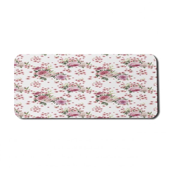 Floral Computer Mouse Pad, Vintage Style Blossoming Romantic Flower Arrangements Garden Art, Rectangle Non-Slip Rubber Mousepad X-Large, 35" x 15" Gaming Size, Dried Rose Green, by Ambesonne