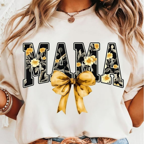 Floral Coquette Mama T-Shirt, Sunflower Mom Bow Shirt, Chinoiserie Grandmillennial Mama Tee, Girly Floral Mom Shirt Design