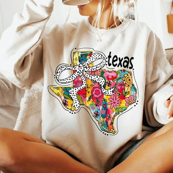 Floral Coquette Texas Sweatshirt, Preppy State Pride Shirt with Bow, Girly Brushstroke Graphic, Trendy Southern Outfit for Women