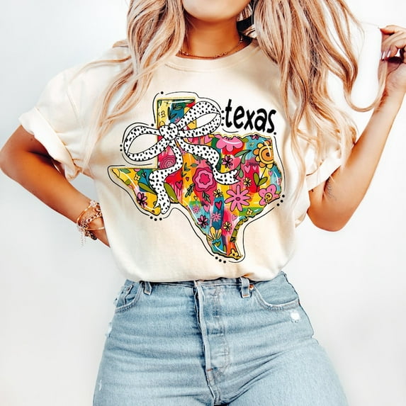 Floral Coquette Texas T-Shirt, Girly State Pride Tee, Preppy Brushstroke Texas Bow Shirt, Trendy Southern Style T-Shirt