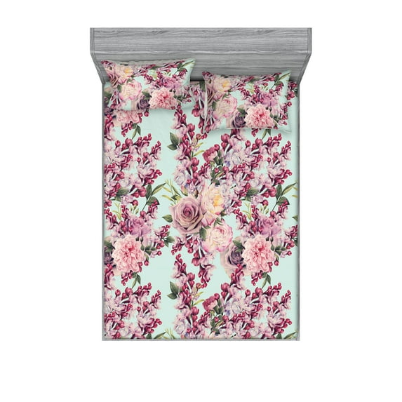 Floral Cottagecore Fitted Sheet & Pillow Sham Set, Blooming Lilac and Rose Branches with Leaves Greenery, Decorative Printed 3 Piece Bedding Decor, Full, Seafoam Lilac and Raspberry, by Ambesonne