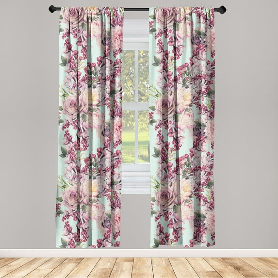 Floral Cottagecore Window Curtains, Blooming Lilac and Rose Branches with Leaves Greenery, Lightweight Decor 2-Panel Set with Rod Pocket, Pair of - 28"x84", Seafoam Lilac and Raspberry, by Ambesonne
