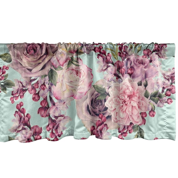 Floral Cottagecore Window Valance, Blooming Lilac and Rose Branches with Leaves Greenery, Curtain Valance for Kitchen Bedroom with Rod Pocket, 54" X 18", Seafoam Lilac and Raspberry, by Ambesonne
