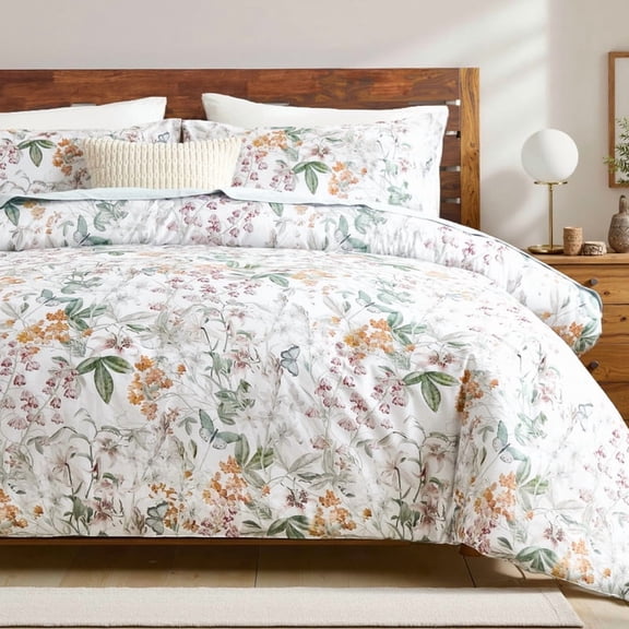 Floral Cotton Comforter King Size Bedding Set Green Leaf Orange Flower Botanical Bedding Romantic Cottagecore Country Comforter Set