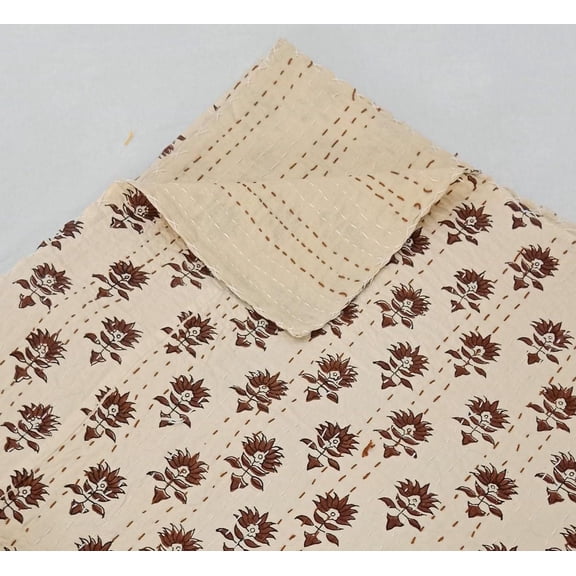 Floral Cotton Kantha Quilt, Hand-Stitched Block Print Bedspread King Size
