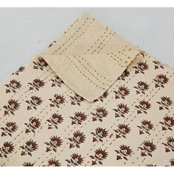 Floral Cotton Kantha Quilt, Hand-Stitched Block Print Bedspread Queen Size