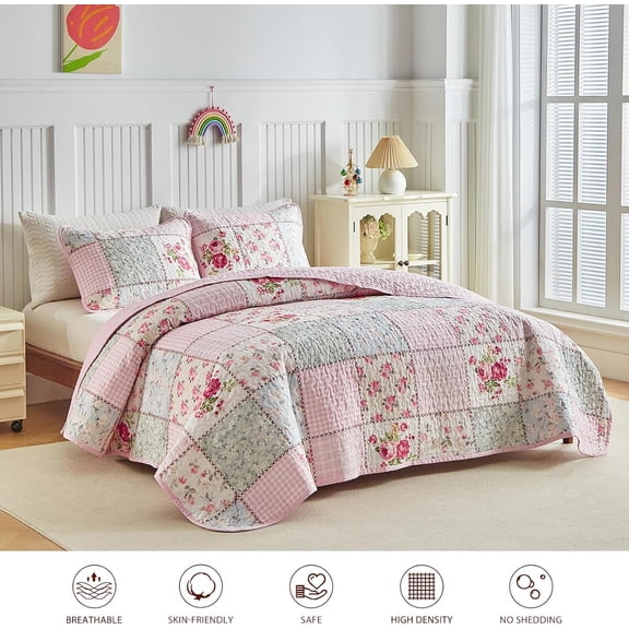Floral Cotton Quilt Set, Pink  Flowers Grid Patchwork Design for Spring, 3 Pieces Queen Size Quilt Bedding Set, Soft n Cozy Bedspread Bed Cover for All Season- 90x90 inches