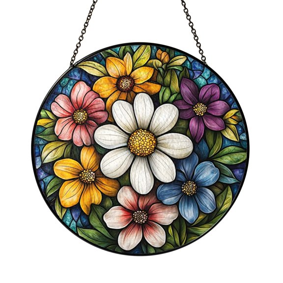 Floral Country Wreath Style Window Sign, Faux Stained Glass Look, Rustic Botanical Home Decor
