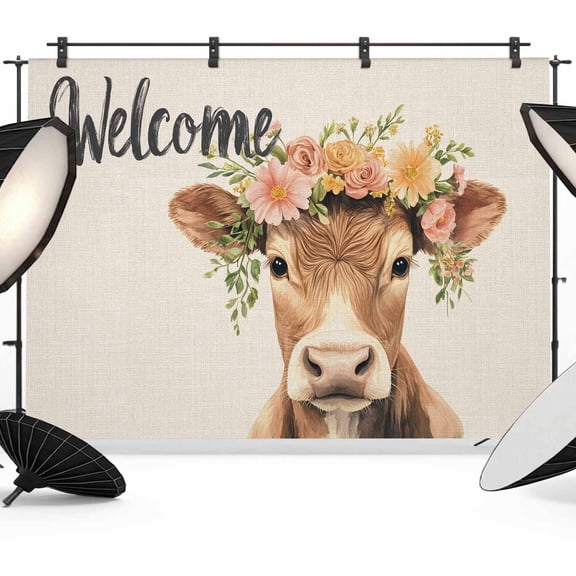 Floral Cow Backdrop for Photography,Fabric Photo Background Backdrop,Botanical Garden Flowers Spring Animal Photo Booth Background for Portrait Photoshoot Video Wedding Studio Decoration Banner 7x5ft