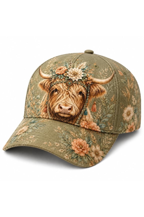 Floral Cow Baseball Cap For Adjustable Cow Lover Hat | Whimsical Cow And Artwork With A Curved Brim Adjustable Fit And Cheerful Country Detail.