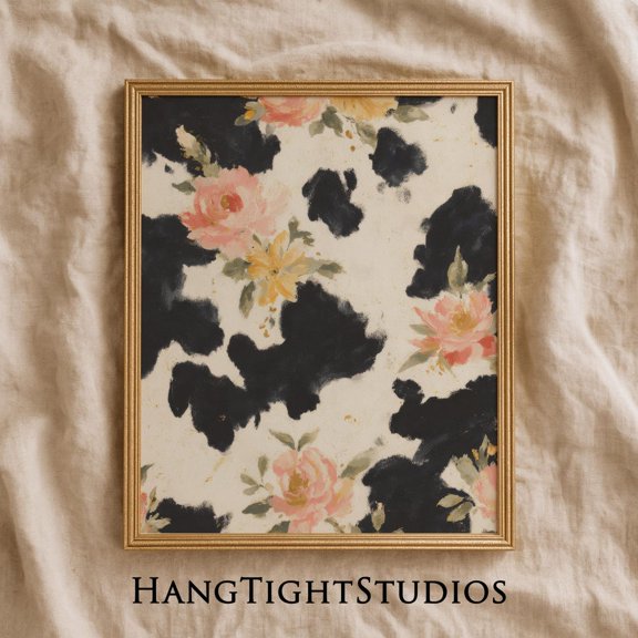 Floral Cow Pattern Art Neutral Cottagecore Wall Art Print