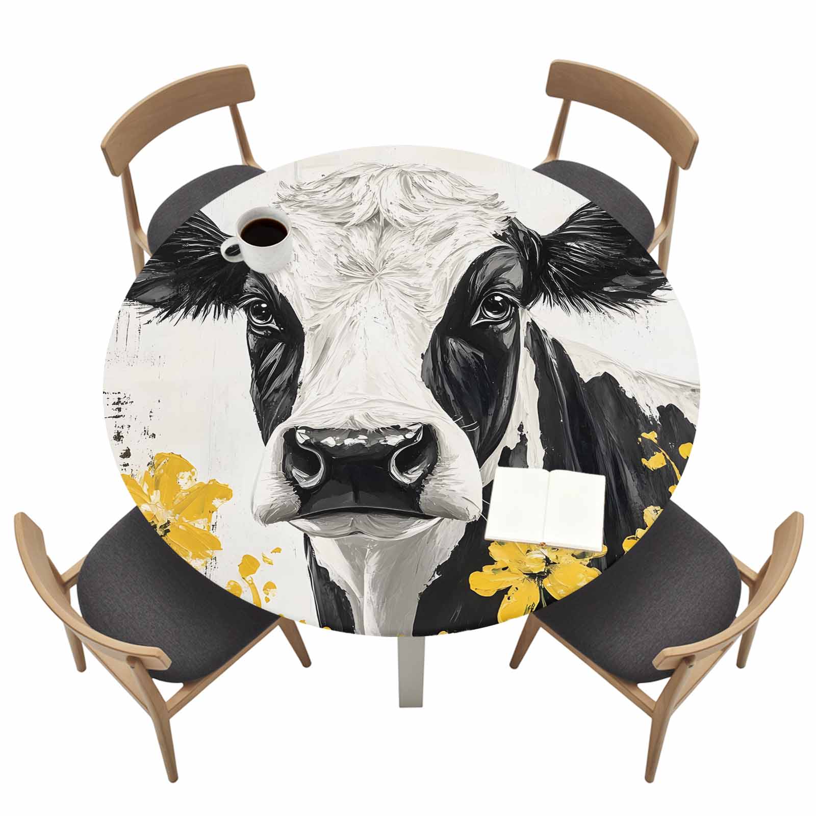 Floral Cow Round Fitted Tablecloth with Elastic Edge Country Farm ...