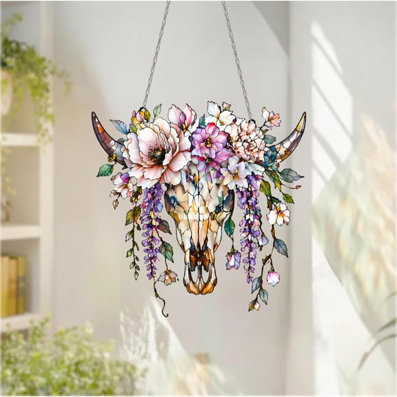 Floral Cow Skull Acrylic Suncatcher, Faux Stained Glass Window Hanging Decor, Halloween Home Decor