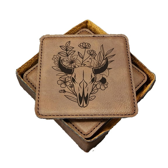 Floral Cow Skull Coasters - Handmade Coasters Set of 6 - Engraved Barware Decorations - Leather Bar Decor - Man Cave Father's Day Present (Rustic/Gold)