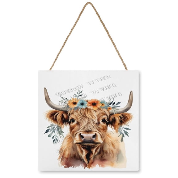 Floral Cow Welcome Decor Sign, Hanging Wood Sign Home Decorative, Printed Wood Wall Art Sign Porch Decor Sign, Farmhouse Front Door Decor Sign 12"x12"