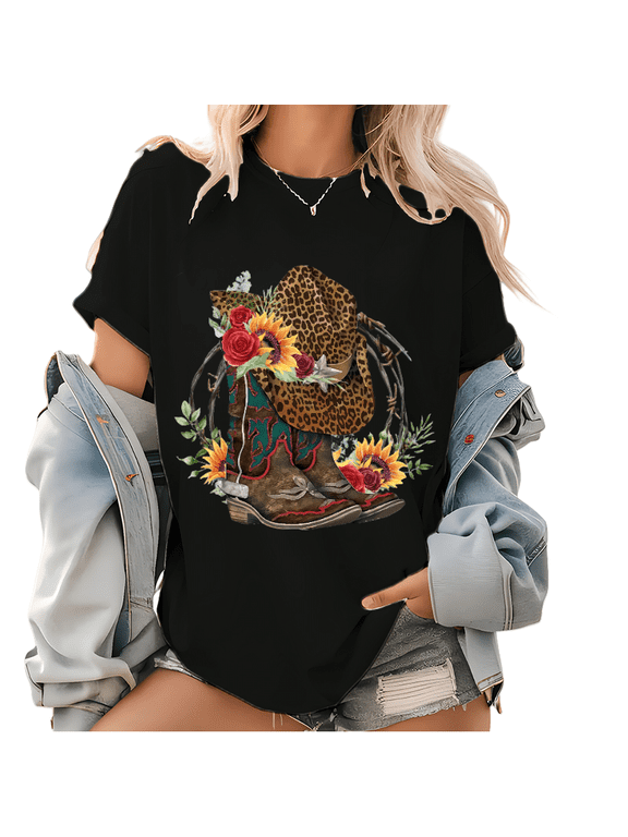 Floral Cowboy Boots Print T Shirt, Cowboy Western Graphic Tops, Cowgirl Leopard Flower Boots Pattern Tee Black,M