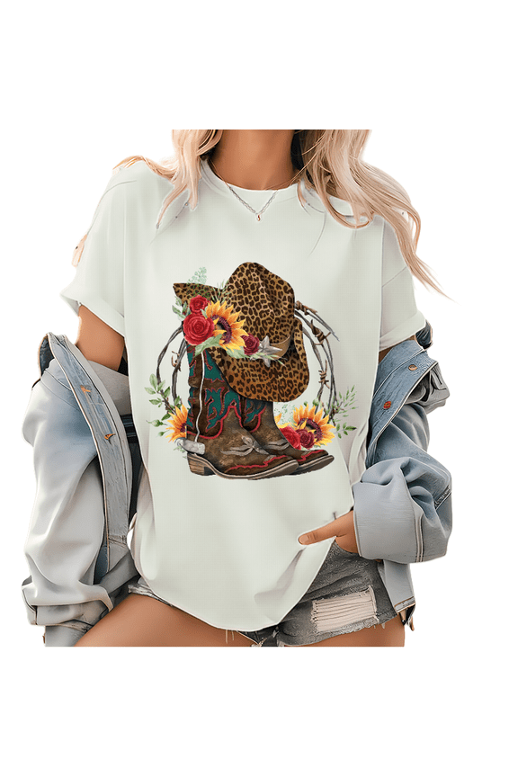 Floral Cowboy Boots Print T Shirt, Cowboy Western Graphic Tops, Cowgirl Leopard Flower Boots Pattern Tee White,S
