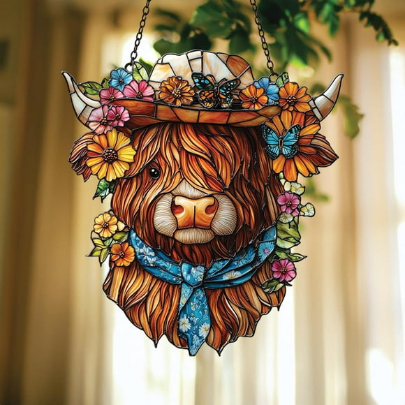 Floral Cowboy Highland Cow Faux Stained Glass Suncatcher â€“ Acrylic Window Hanging with Butterflies, Bandana & Hat, Country Farmhouse Gift