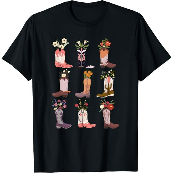 Floral Cowgirl Grid Pink Colourful Boots T-Shirt TShirt