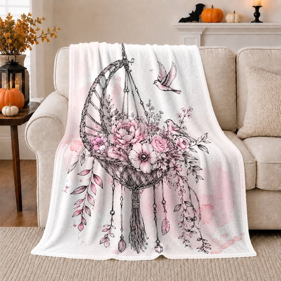 Floral Crescent Dreamcatcher with Bird and Pink Roses, Serene Boho Garden Motif for Boho Style Fans, Birthday Gift, Soft Flannel Blanket for Bedroom and Reading Nook, Soft Home Decor