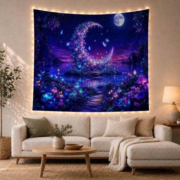 Floral Crescent Moon on a Calm Island in a Starry Night Scene, Dreamy Fantasy for Nature Lovers, Ethereal Celestial Decor Art, Birthday Gift, Tapestry Wall Hanging for Bedroom and Living Room