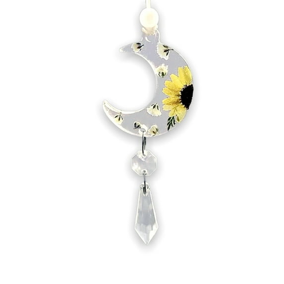 Floral Crescent Moon Car Charm, Sunflower Crystal Suncatcher, Auto Rear View Mirror Accessories, BOHO Minimalist Dainty Decor, New Car Gift