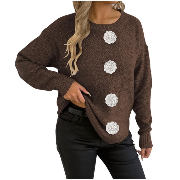 Floral Crew Neck Sweaters Womens Fall Chunky Knit Pullover Tops Loose Fashion Long Sleeve Ladies Sweater Coffee, XL