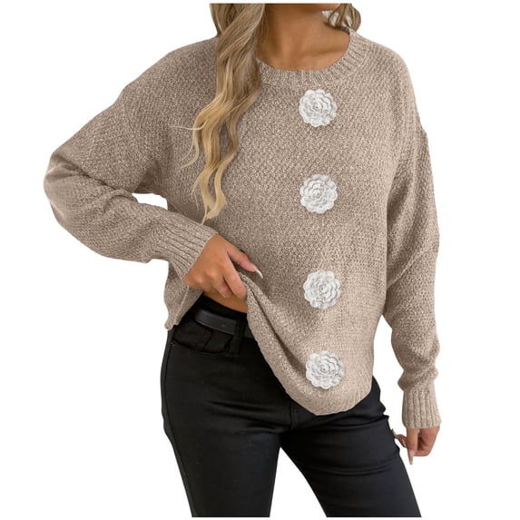 Floral Crew Neck Sweaters Womens Fall Chunky Knit Pullover Tops Loose Fashion Long Sleeve Ladies Sweater Khaki, S