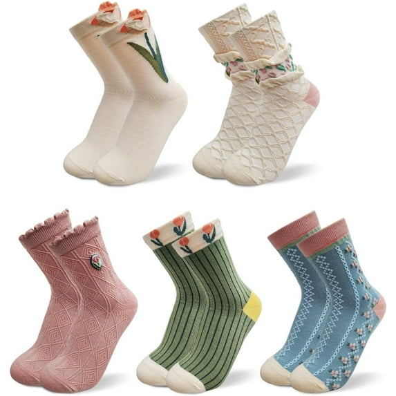 Floral Crew Socks – 5 Pairs Flower Graphic Soft Cotton Socks for Women, Teen Girls – for Sandals, – Cute Vibrant Colors